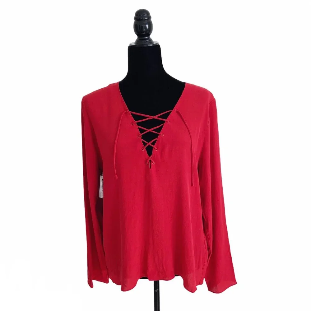 ❤️SOLD NWT Aritzia Wilfred Free Redling Red Tie Lace Neck Long Sleeve Blouse Top - Picture 3 of 13